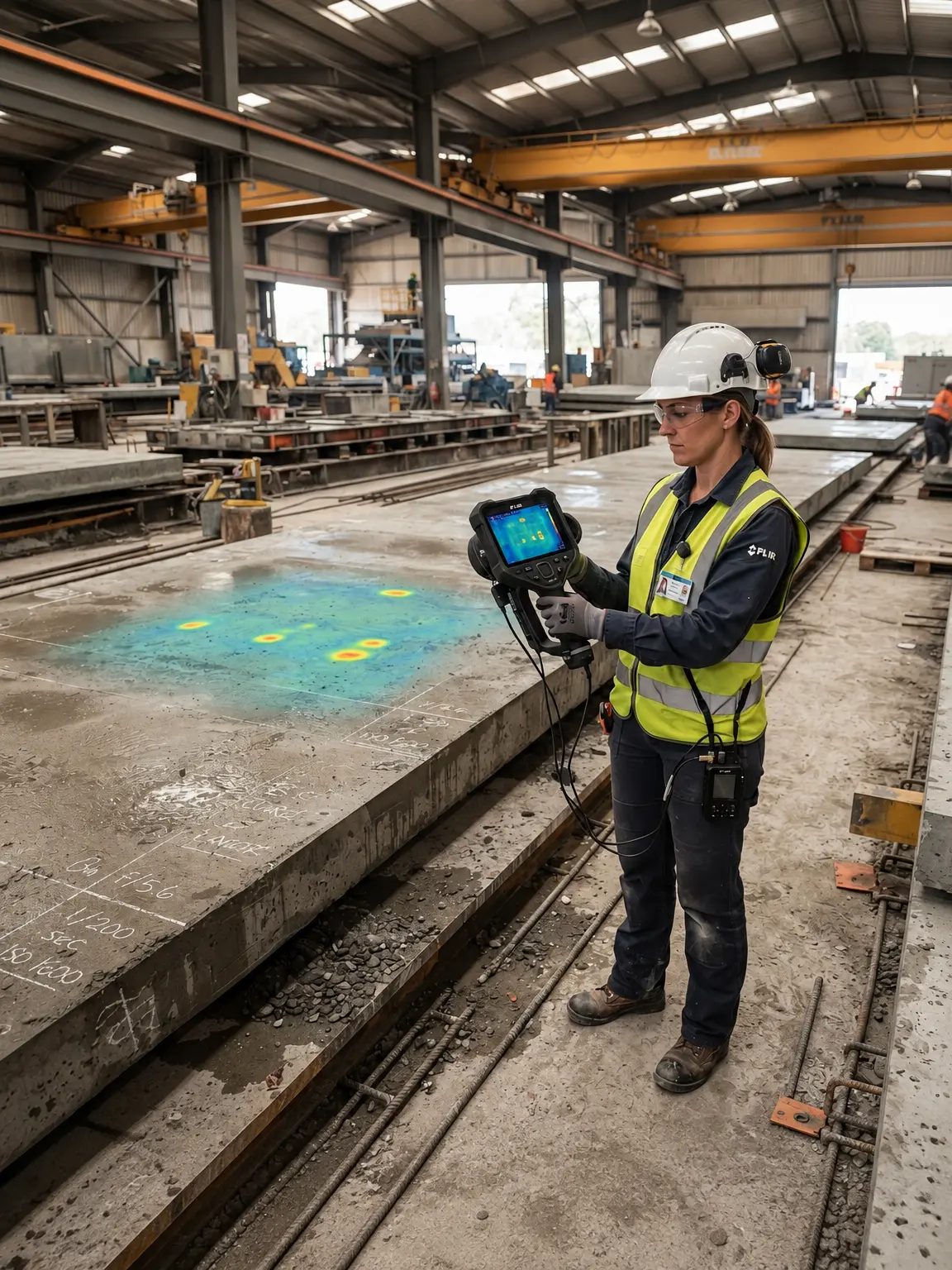Leak detection technician scanning a floor with a thermal imaging camera